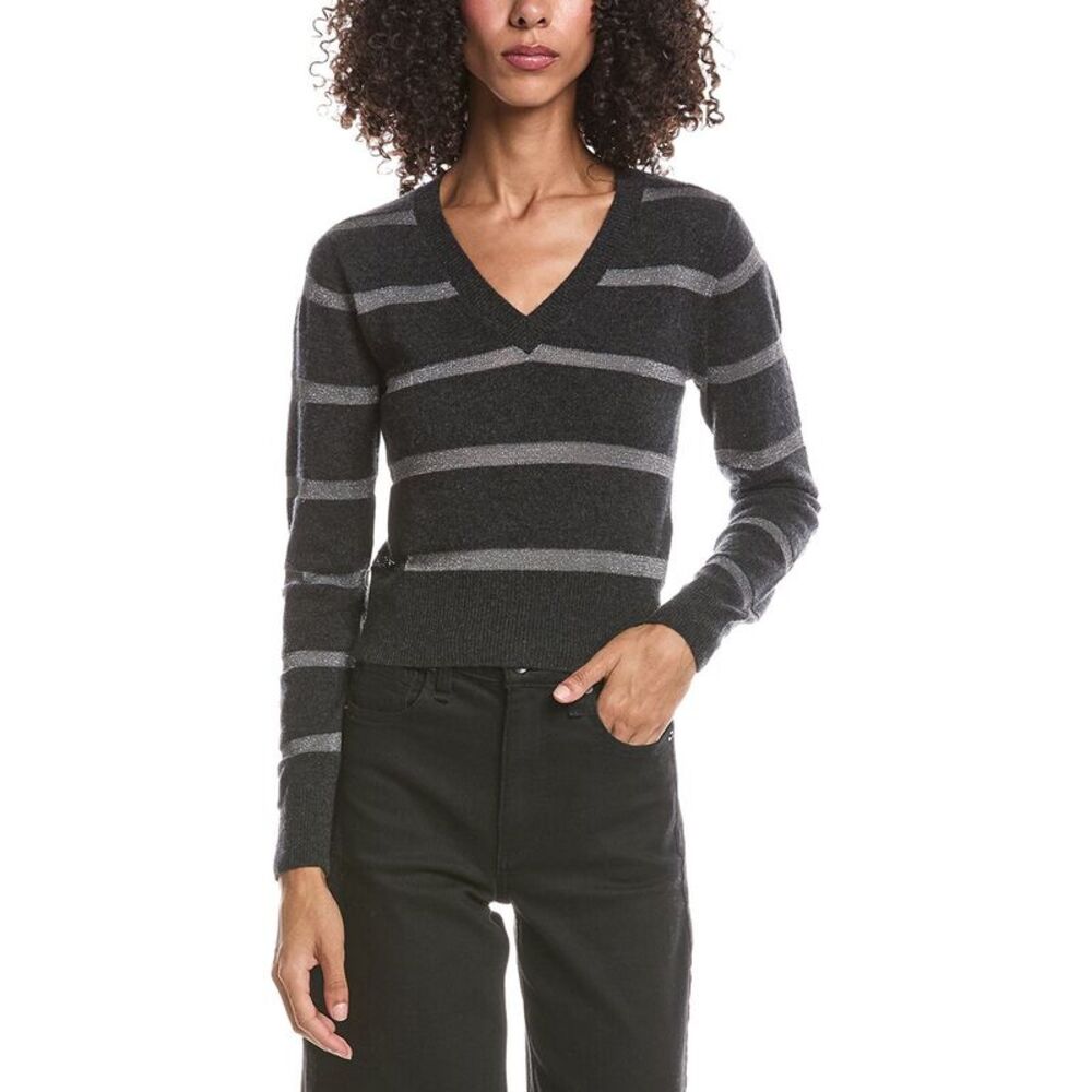 Brodie Cashmere Womens  Simone Stripe Cashmere-Blend V-Neck Cashmere Sweater,